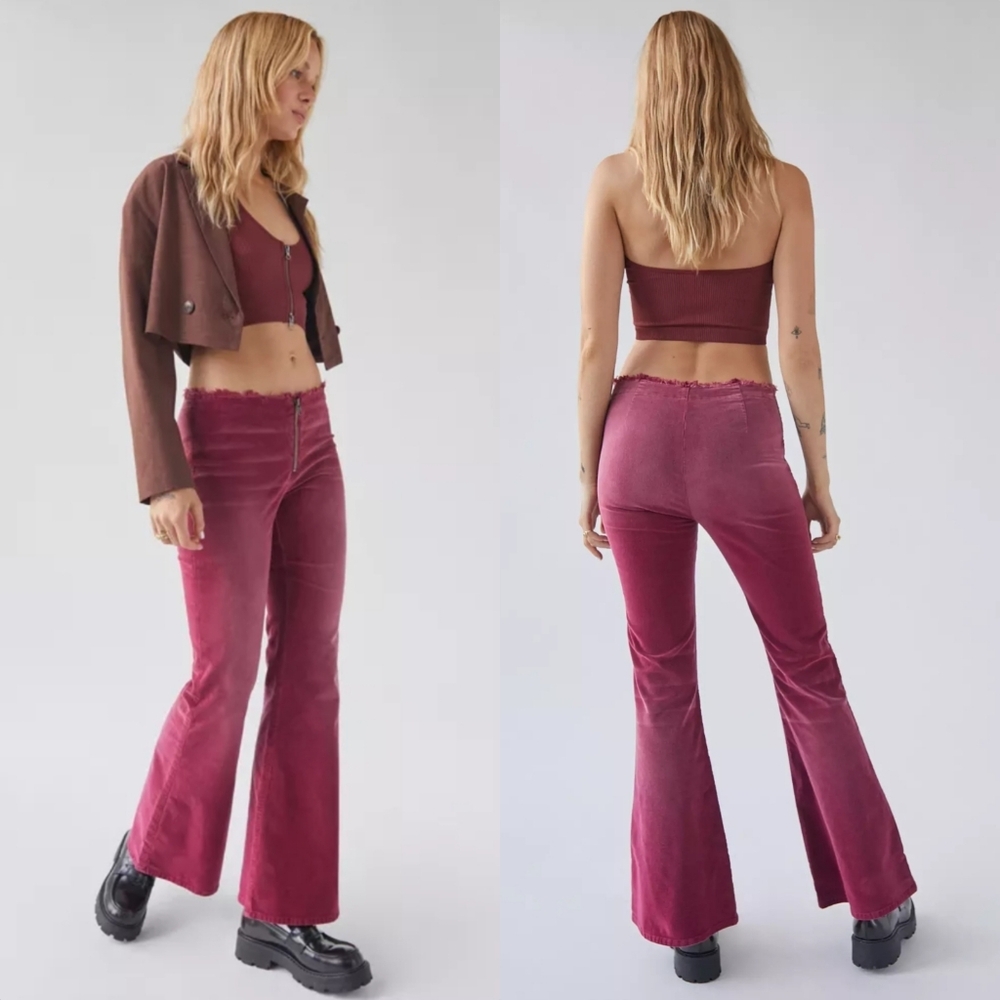 BDG Iona Velvet Velour Exposed Zip Front Raw Hem Waist Mid Rise Flare Pants